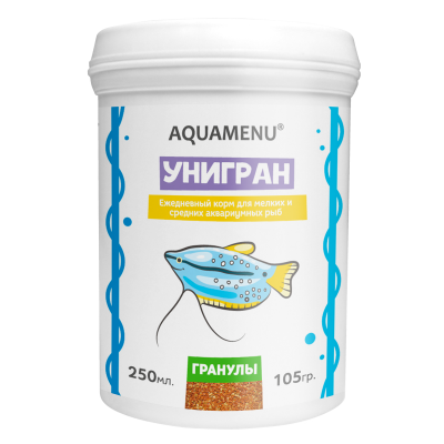Aquamenu "Унигран" 250мл/105г тонущие гранулы 1-2мм (корм для рыб) Aquamenu "Унигран" 250мл/105г тонущие гранулы 1-2мм (корм для рыб)